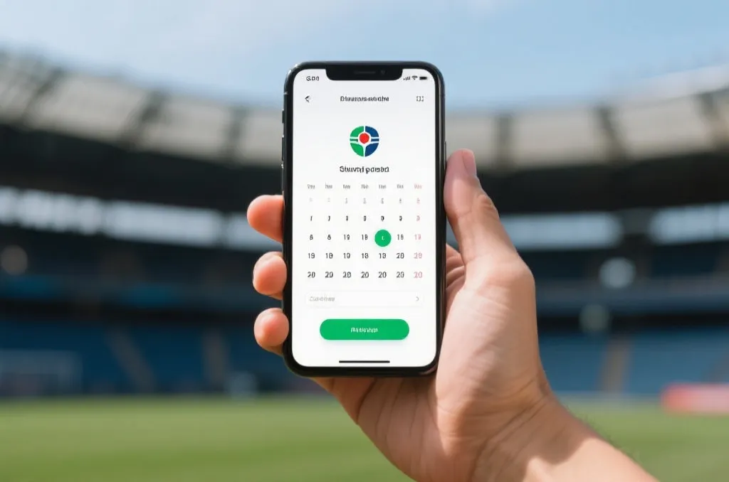 A hand holding a smartphone displaying a clean sports event calendar app in front of a blurred stadium background