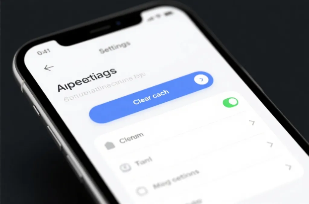 A smartphone screen showing a clean app settings interface with a 'clear cache' button highlighted, modern minimalist UI illustration
