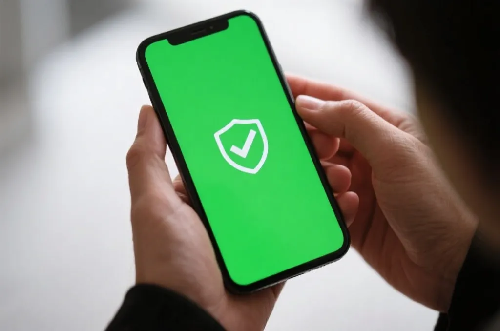 Close-up of hands holding a mobile phone displaying a green security checkmark, representing safe software installation, modern interface design