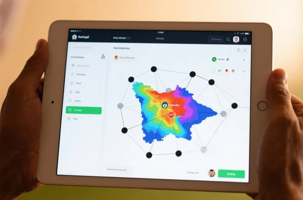 A clean interface of a sports analysis mobile application showing heatmaps and player passing networks on a tablet screen, soft background lighting